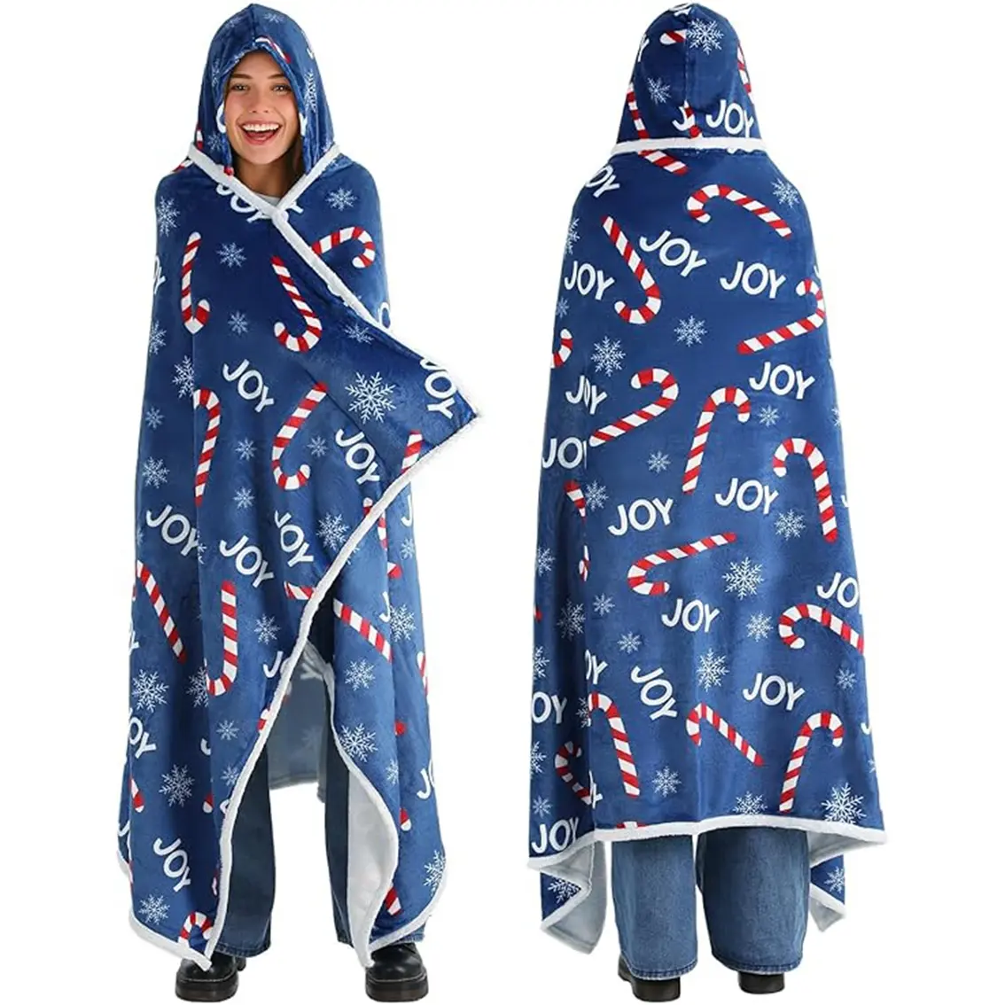 1pc Hooded wearable blankets, Christmas snowflake candy cane pattern printed blankets, comfortable and soft wearable hoodies, unique Christmas gift for men and women: lamb fleece hooded blankets.