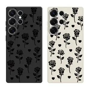 Black Rose and Love Pattern Phone Cases For Samsung Galaxy S26 Ultra S25 Edge S24 Plus S23 FE S22 S21 Shockproof TPU Soft Liquid Silicone Cellphone Casing Cover With Lanyard Button