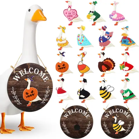 Gejoy Interchangeable Goose Sign 16pcs Goose Wooden Sign Welcome Sign with Detachable Accessories Door Hanging for Summer Halloween Holiday Seasonal, Birthday Party, Wreaths For Front Door Farmhouse Home Outdoor Porch,Housewarming Gift