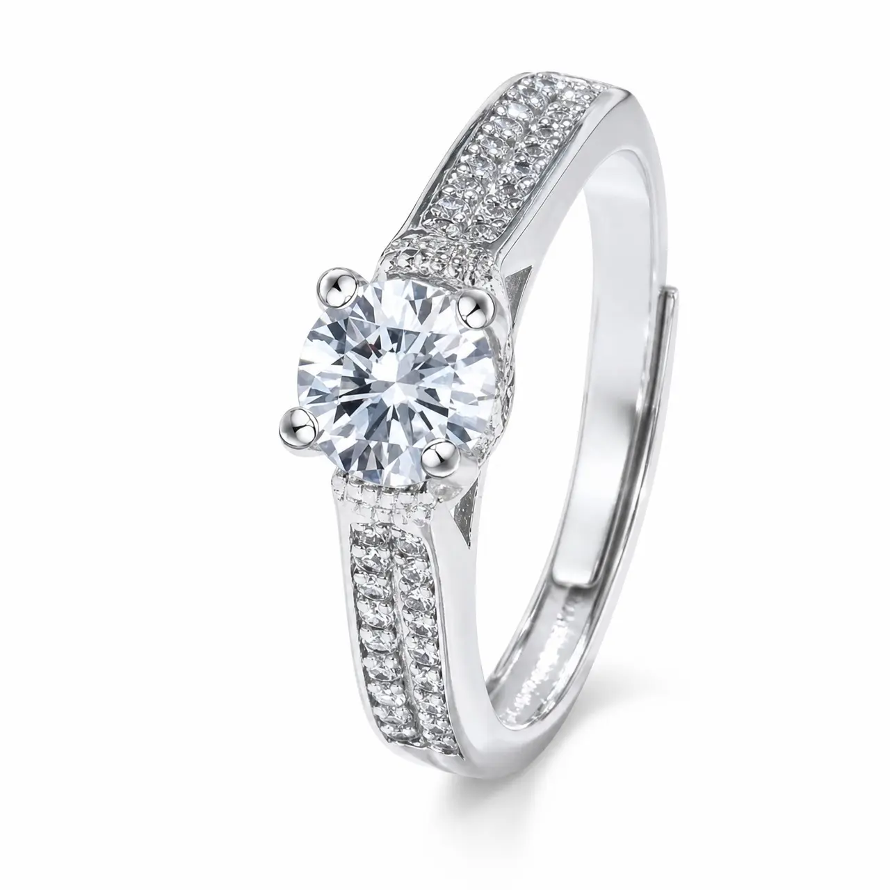 Women's Adjustable-Opening 4-Prong Open Diamond Ring with Side Stones - Crystal-Accented Costume Jewelry, Ring Stack Compatible, Gift-Ready for Anniversary & Holiday Gifting