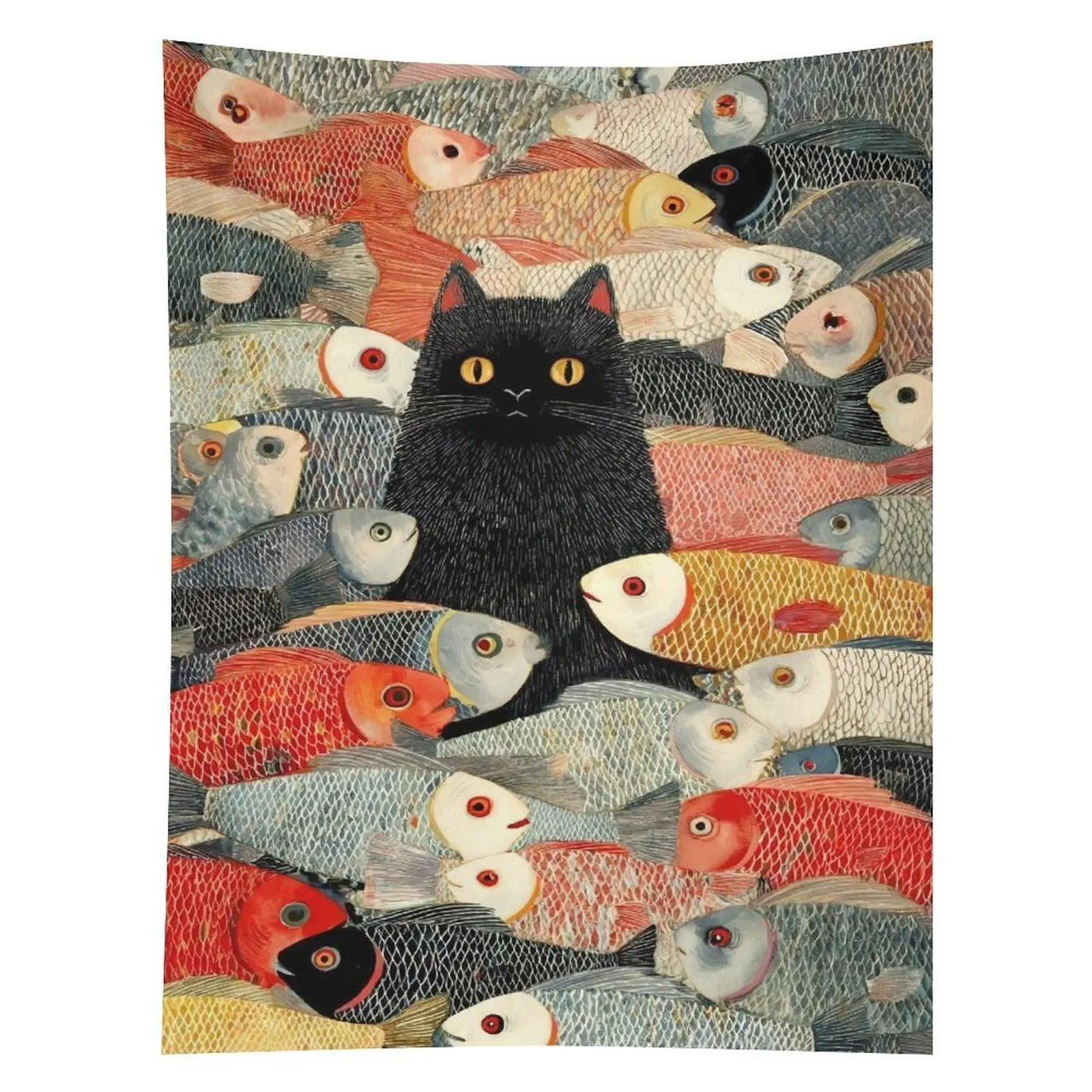 Black Cat Fish Collage Tapestry Cute Kitty Ocean Animal Wall Decor