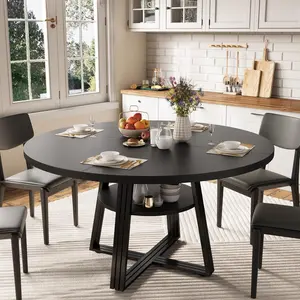 Round Dining Table for 4 to 6  47.2 inch Farmhouse Kitchen Table with Storage  Circle Dinner Tables for Kitchen  Dining Room  Living Room/Meeting Room/Apartment   Black