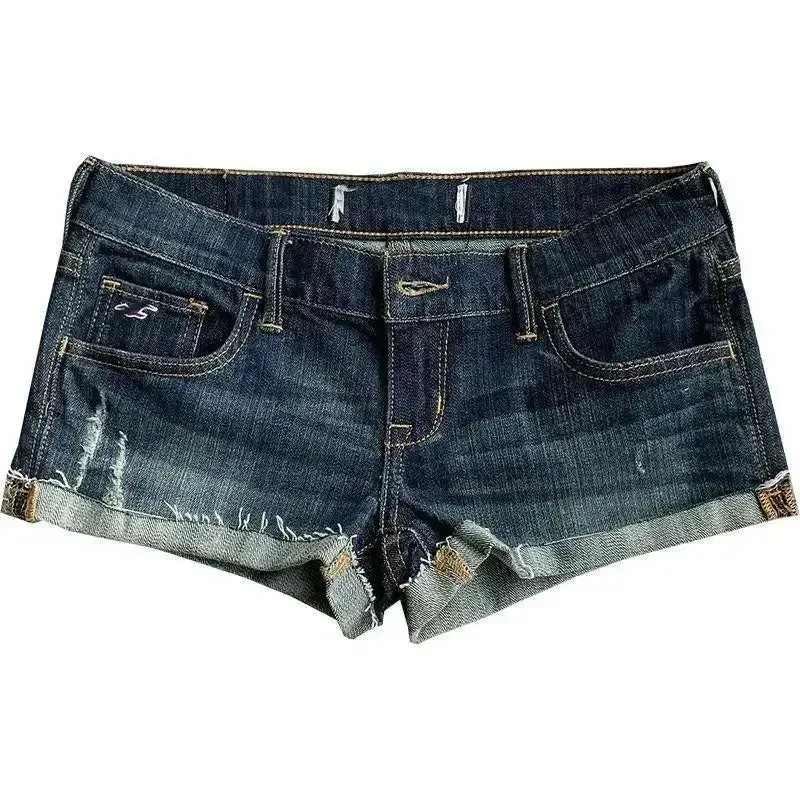 Women's Stretchy Low-Rise Crop Denim Bottoms - Ripped Cutoff Above-Knee Shorts with Curled Rolled Hem, Comfortable Fit for Festival & Everyday Wear, Girls, Blouses, Party, Jean Shorts, Short Shorts