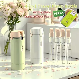 4-In-1 Travel Pump Bottle, Beauty Cosmetic Dispenser with 4 Separate Vials for Shampoo, Lotion, Toner, Compact Lightweight Space-Saving Toiletry Container with Easy-Access Inner Bottles, Squeeze-Resistant Durable for Travel & Camping Trips