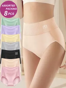 8pcs Random Combination High Waisted Tummy Tightening Women's Panties Breathable Mesh Cross Tummy Tightening Ice Silk Traceless Triangle Pant