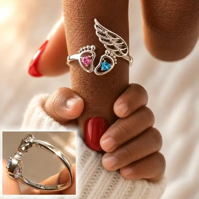 Adjustable letter and wing design cuff ring, parent-child fashion jewelry, elegant versatile everyday accessory, unique angel ring, engraved ring, a gift for mom or kids