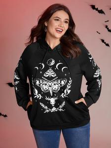 BLOOMCHIC Haunted Midnight Motif Solid Hoodie - Black Long Sleeve Hooded Sweatshirt for Women Casual Gothic Style Autumn Wear with Side Seam Pocket Clothes White Costumes Elegant