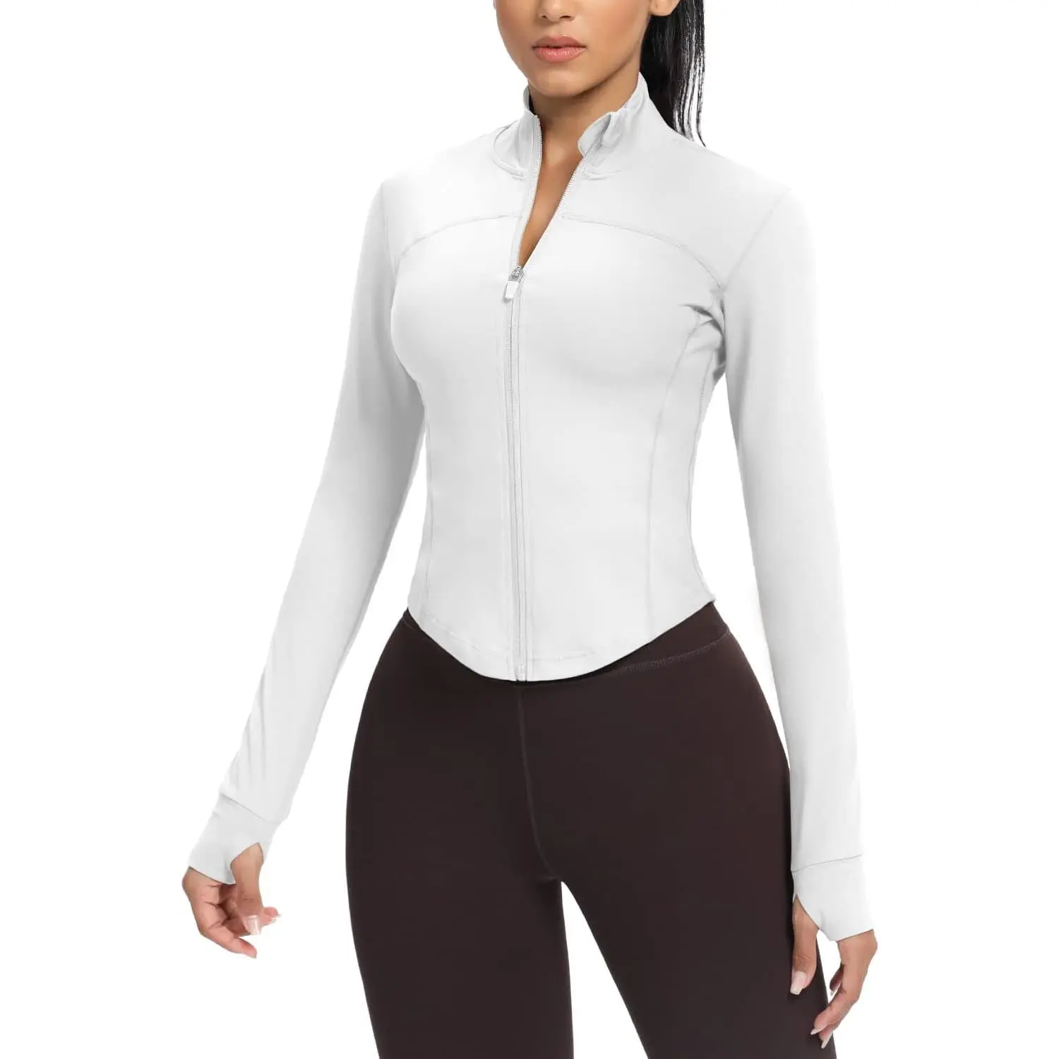 Women's Cropped Running Workout Jackets Zip Slim Fit Athletic Tops with Thumb Holes