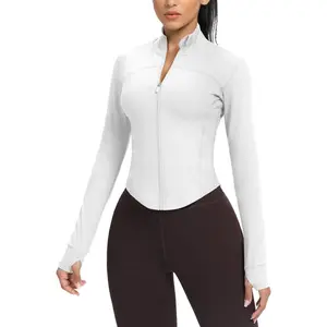 Women's Cropped Running Workout Jackets Zip Slim Fit Athletic Tops with Thumb Holes