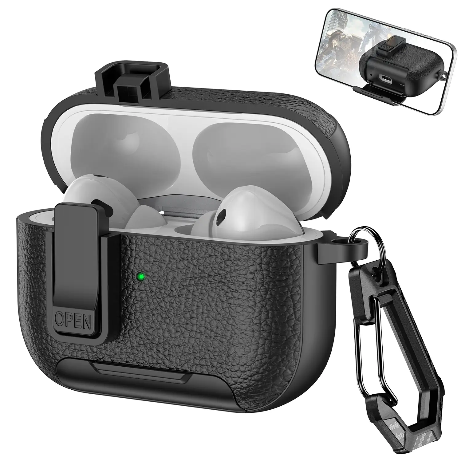 Leather-Textured Pattern Case for AirPods Pro 3/2 & AirPods 4/3/2/1,  Phone Stand & Secure Lock Clip, Shockproof Protective Cover with Keychain, Wireless Charging compatible Case