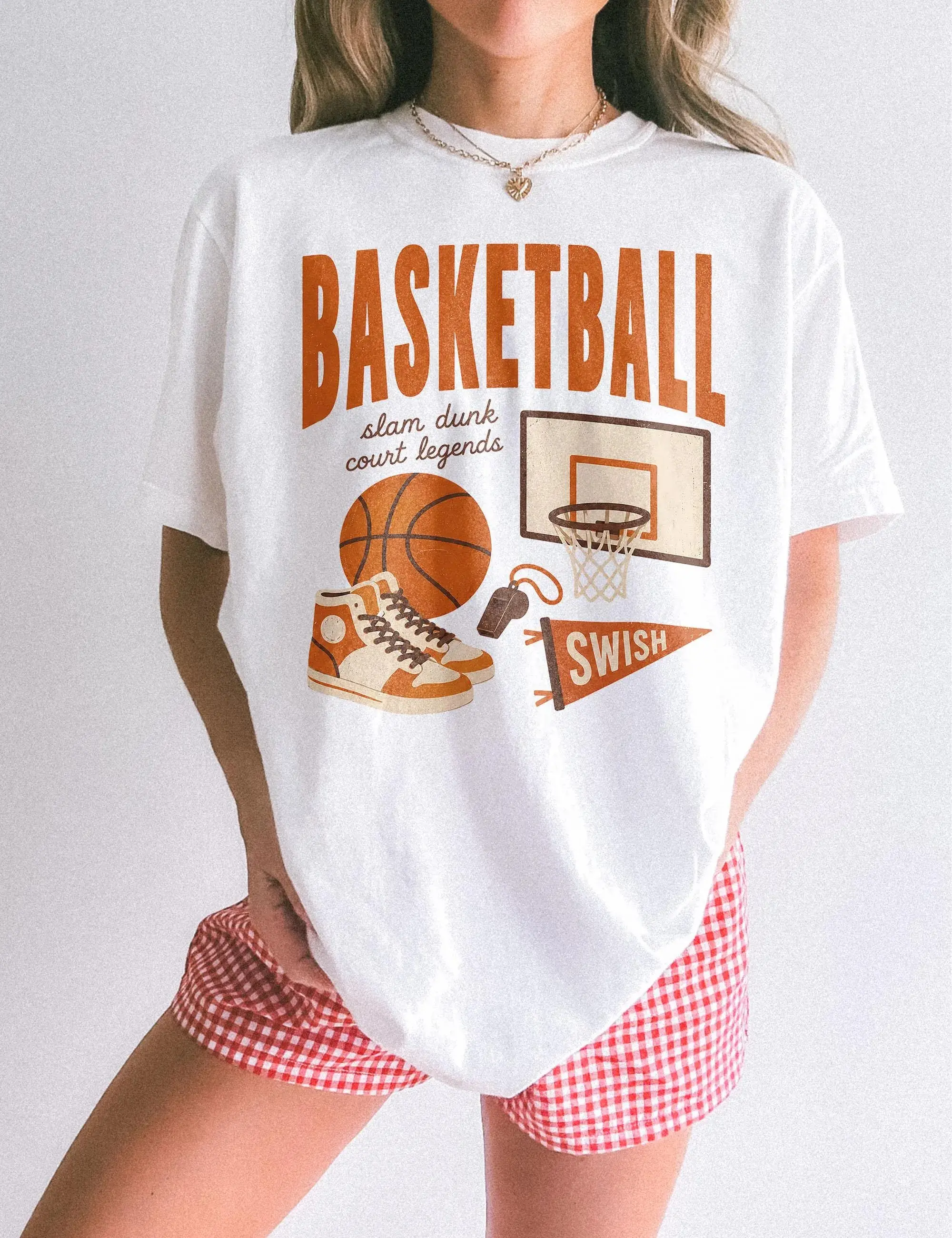 Women's Retro Team Sports Graphic T-Shirt with Basketball Hoop, Ball and Shoes Print, Fit Design