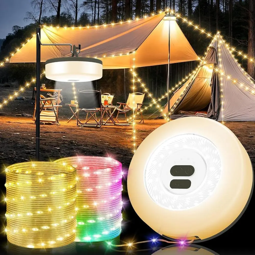 4-in-1 Camping Light String, 32.8ft Waterproof & Rechargeable Hiking Light, 9 Color Changing Modes for Festival Decor, Portable LED Strips with Quick Storage, Waterproof Ip4, Tent Mounting