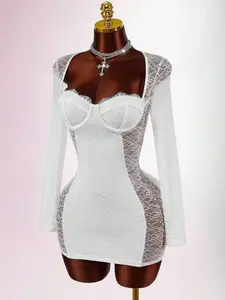 Y2K Sweetheart Neck Contrast Lace Long Sleeve Backless Bodycon Mini Dress White Mesh Clubwear for Women's Party Slim Fit Semi-Sheer