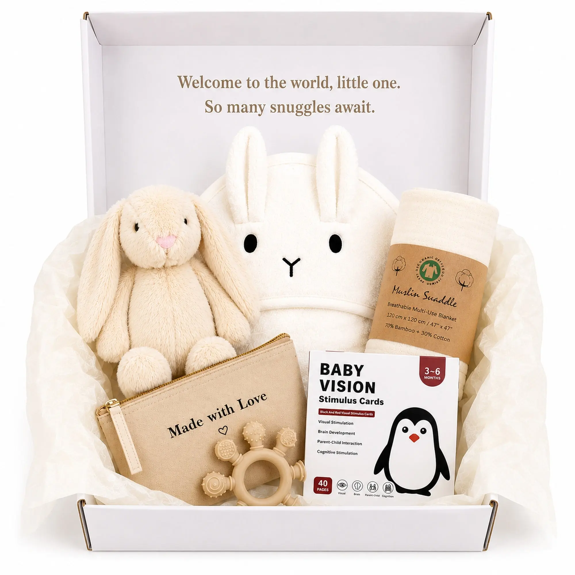 SnuggStory Gender Neutral Baby Gift Box – Includes Bunny Plush, Hooded Towel, Cotton Swaddle, Silicone Teether & High- Contrast Vision Cards