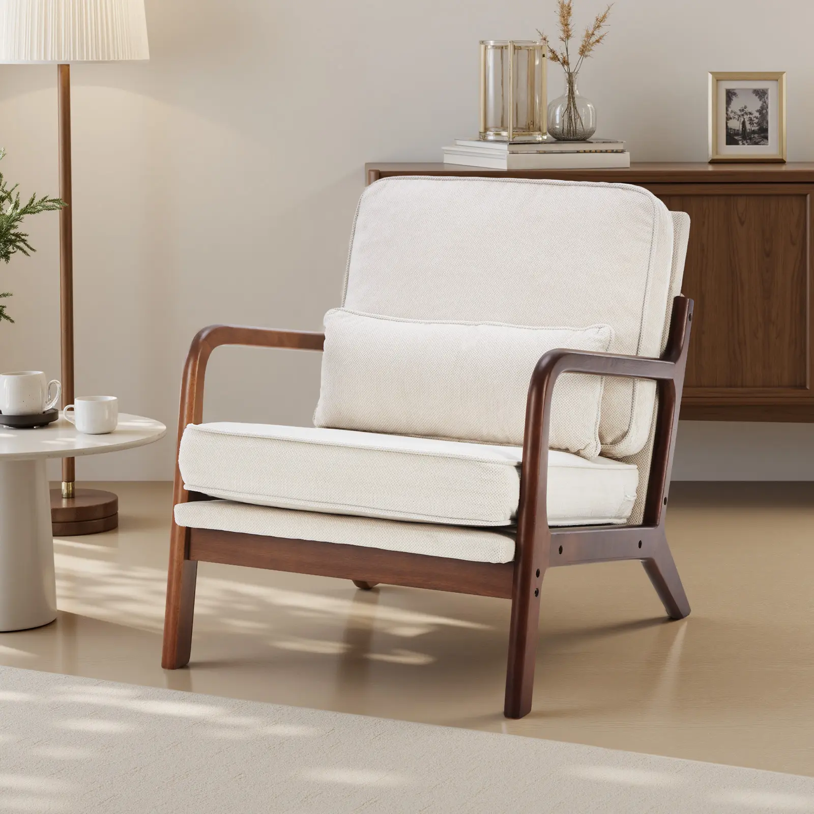 Mid Century Modern Chair,Accent Chair with Arms and Waist Cushion,Solid Wooden Frame,home Accent Chair Mid-Century Modern Chair with Pillow Linen Fabric Upholstered Lounge Arm Chair with Solid Wood Frame&Soft Cushion for Living Room,Bedroom,Balcony,Beige