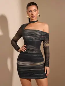 Elegant Women's Dress, Long Sleeve Tight Fit, Tie-Dye Ruffle Hem, Perfect for Cocktail Parties, Fall/winter Layering, Romantic Dates