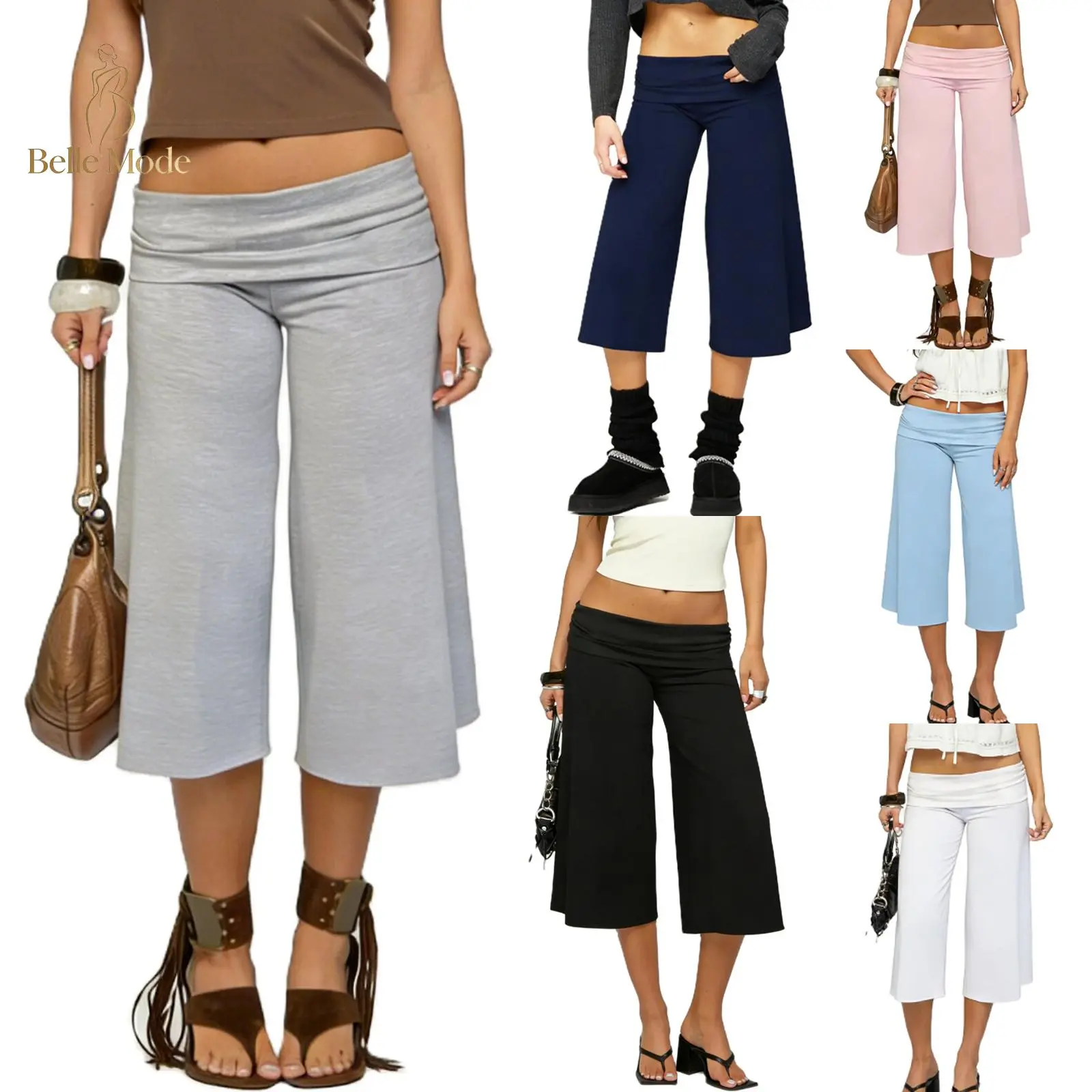 Women Fold Over Lounge Capris Wide Leg Cropped Flowy Gaucho Pants Comfy Casual Yoga Coluttes Pajama Bottom