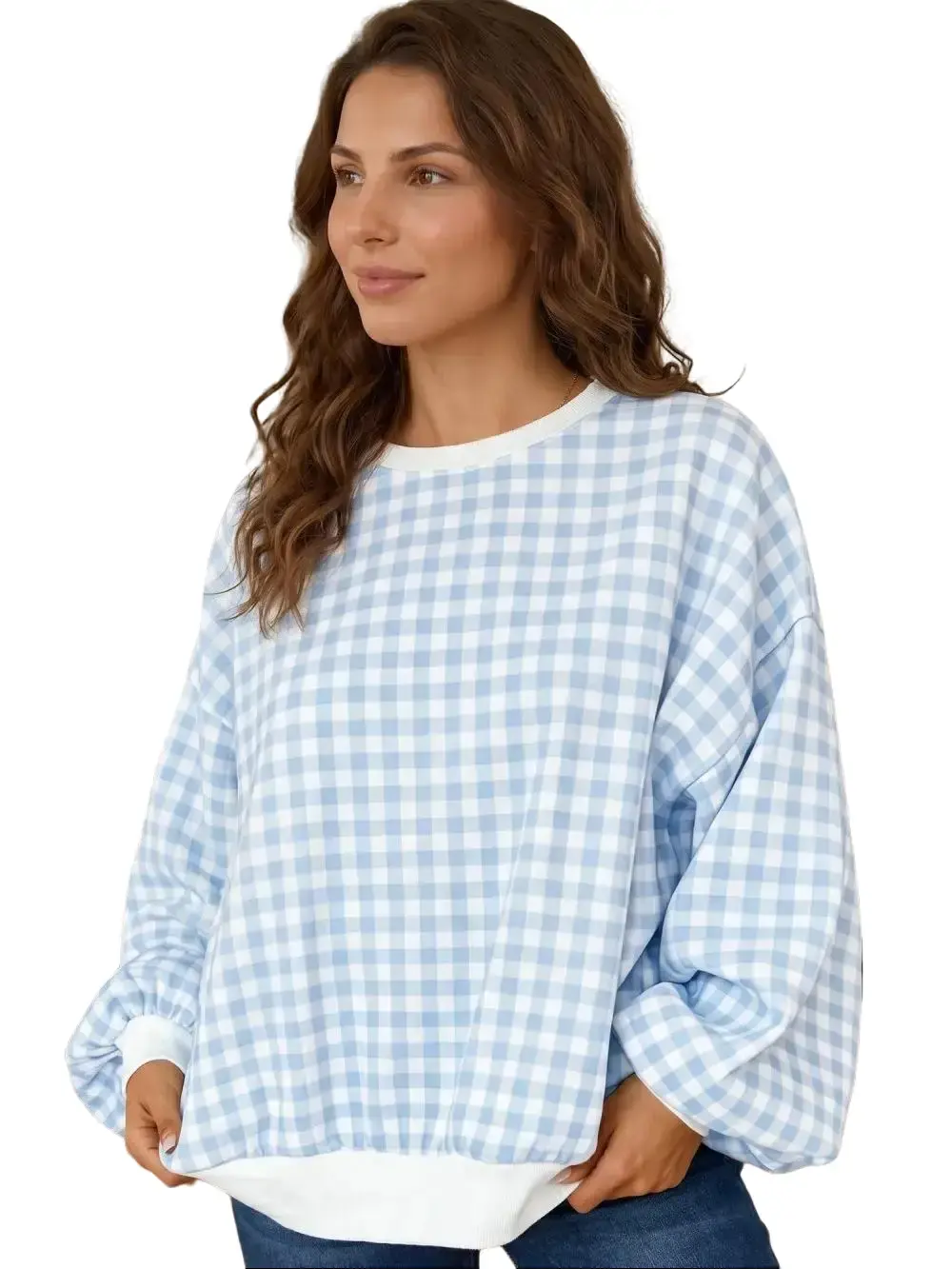PHEFEE  Women's Plaid Sweatshirt Casual Long Sleeve Crewneck Pullover Oversized Gingham Tops