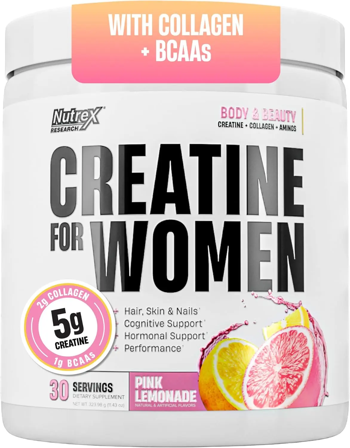 Nutrex Research Creatine for Women Booty & Beauty – Pink Lemonade | 5g Creatine, 2g Collagen, BCAAs & Hyaluronic Acid | Gluten Free, 30 Servings