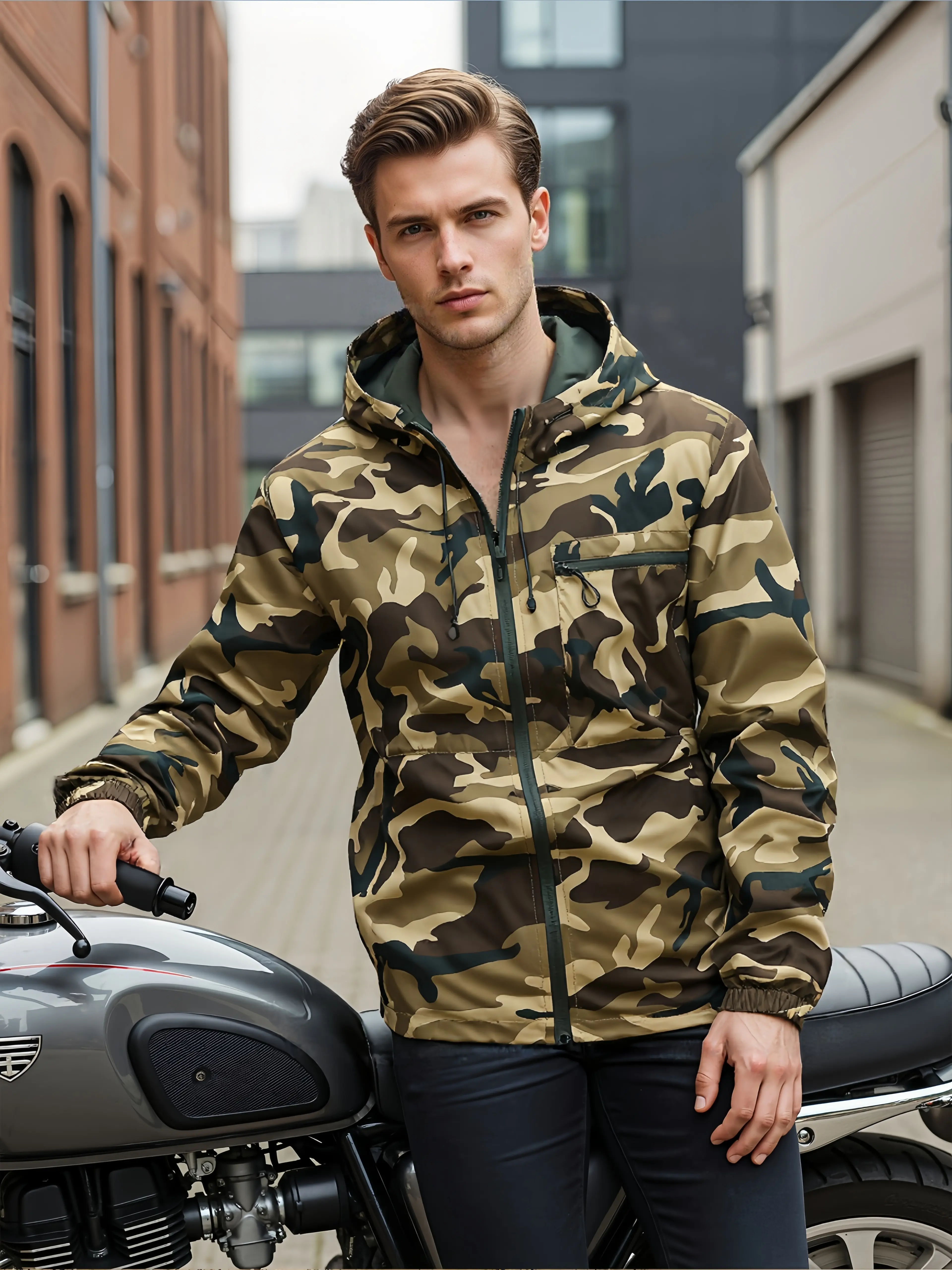 Men's Casual Camouflage Printed Tactical Hooded Jacket, Durable Windproof Outerwear, Adjustable Drawstring Hood With Cord Lock, Anti-Pilling Elastic Cuffs, Windbreaker Coat For Hiking, Camping, Motorcycle & Daily Outdoor Activities