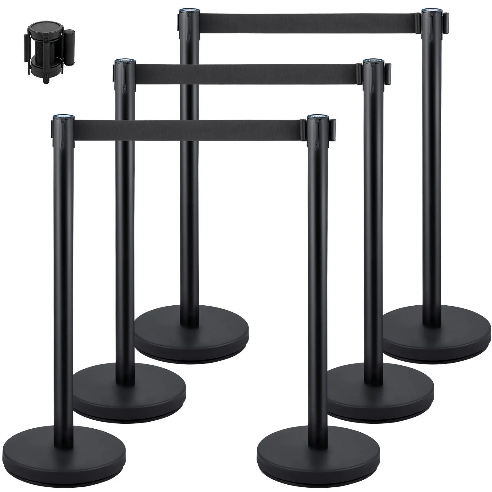 VEVOR 6-Piece Black Stainless Steel Stanchion Posts, 36In Retractable Black Belt Queue Posts with 4-Way Connection, for Banks, Airports, Crowd Control, Indoor/Outdoor Use, 30-Day Free Returns