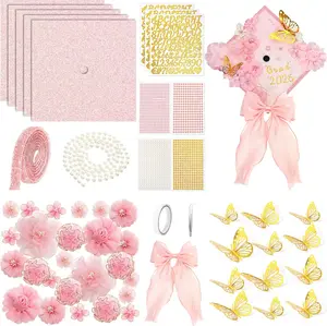 58 Pcs DIY Graduation Cap Decorations Kit Grad Cap Decor Included Faux Flowers Bow Mesh 3D Butterfly Stickers, Adhesive Rhinestones, Glitter Letter Stickers, for 2026 Grad Party(Pink)