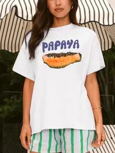 Women's Papaya Print Round Neck Tee, Fashion Casual Crew Neck T-Shirt for Daily Holiday Vacation Outdoor Wear, Ladies Clothes for Summer, Top