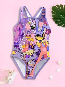 Girls' Cartoon Swimsuit "The Amazing Digital Circus Jax Graffiti Print Edition" Purple-toned All-over Printed Spaghetti Strap One-Piece Swimsuit, Swim Wear, soft and comfortable, suitable for swimming lessons, seaside vacations