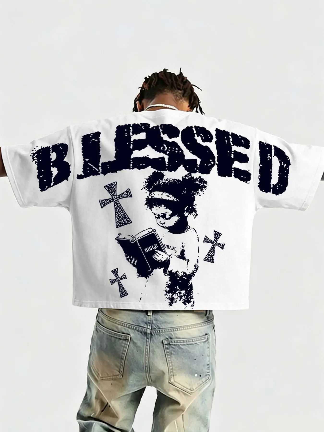 American High Street Blessed Bible Prayer Kids Pop Art Print Bat Sleeve Loose T-Shirt, Vintage Short Sleeve Streetwear Fashion Top