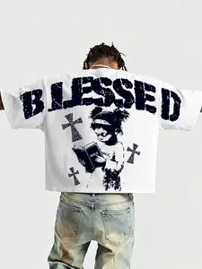 American High Street Blessed Bible Prayer Kids Pop Art Print Bat Sleeve Loose T-Shirt, Vintage Short Sleeve Fashion Top
