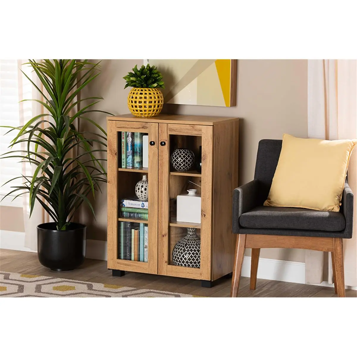 Freestanding Storage Cabinet - Baxton Studio Mason 2-Door Modern Credenza Sideboard, 33x23.6x12.6in Oak Brown Wotan Oak Finish, Glass Doors, Polymer Legs, Minimalist Living Room Assembly Kit Furniture, Modern Credenza Cabinet