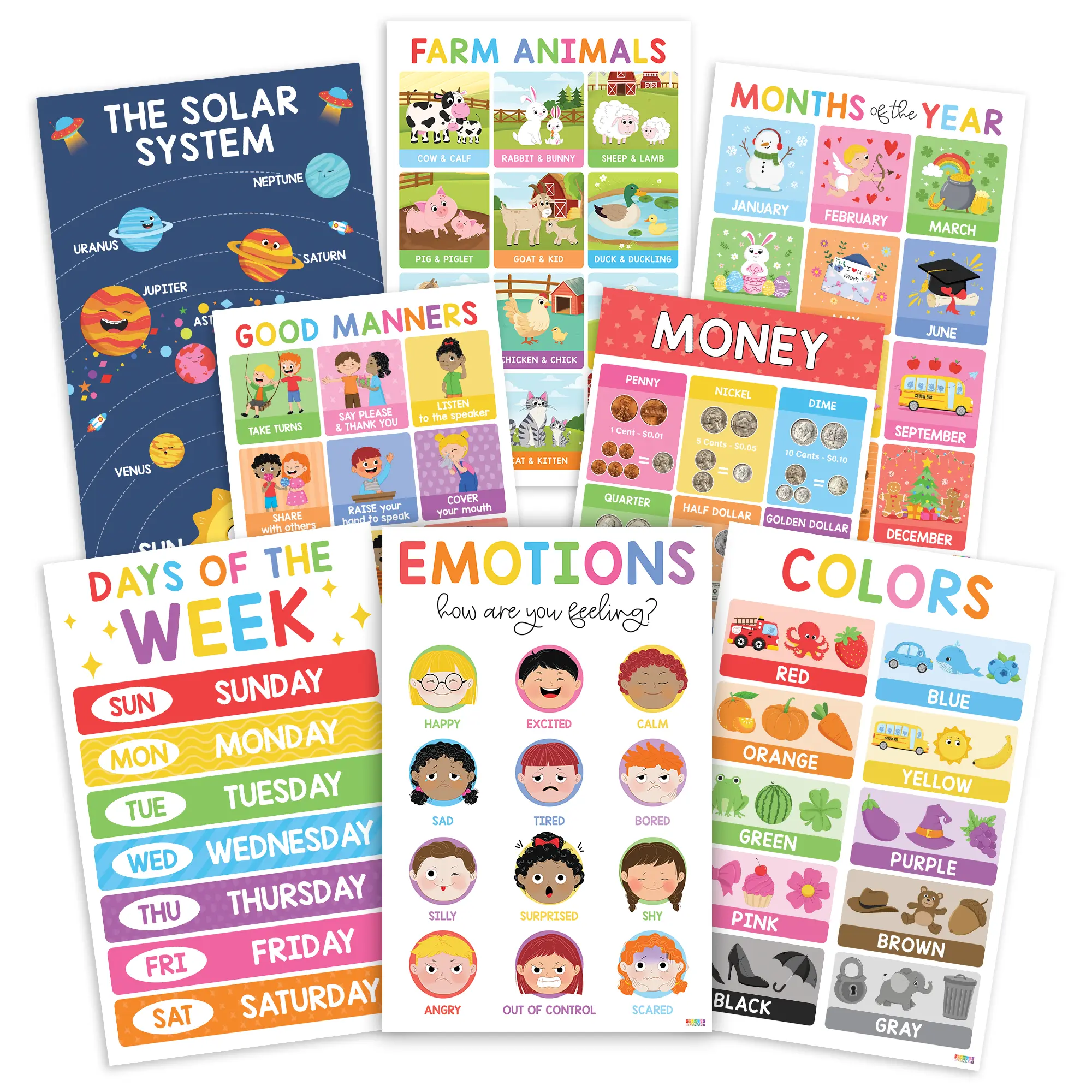 BEAWART 18 Laminated Educational Posters For Toddlers, Preschool & Kindergarten Learning Charts Set (ABC, Numbers, Emotions, Maps), Waterproof, Durable Classroom & Homeschool Decor