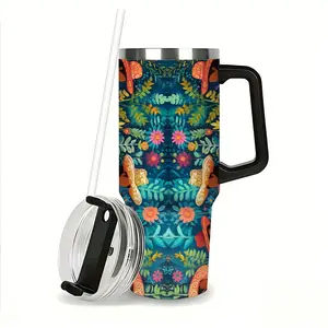 Mexican Folk Art Floral Sombrero Print Portable Stainless Steel Insulated Flask Tumbler, Ergonomic Handle, Straw Lid, Tropical Botanical Pattern, Leakproof Hot/Cold Drink Cup, Latino Themed Outdoor Gift, Flasks