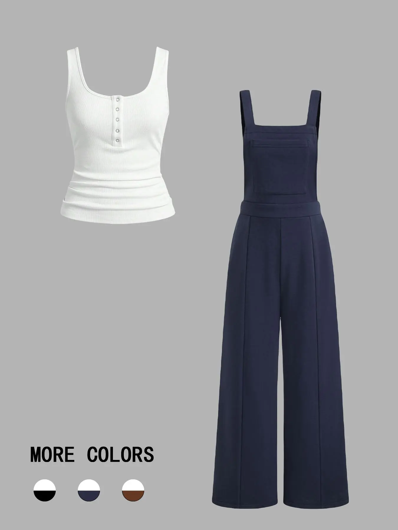 Women's Solid Button Front Tank Top & Pocket Overall Jumpsuit Set, Outfit, Casual Style Ruched Sleeveless Top & Adjustable Strap Overall Jumpsuit, Ladies Clothes for All Seasons, Casual Sleeveless Overalls, Fashionable Jumpsuit