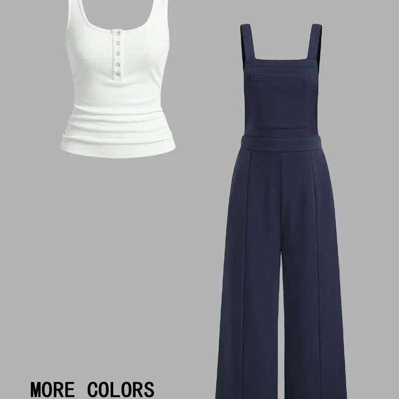 Women's Solid Button Front Tank Top & Pocket Overall Jumpsuit Set, Outfit, Casual Style Ruched Sleeveless Top & Adjustable Strap Overall Jumpsuit, Ladies Clothes for All Seasons, Overalls With Pockets, Casual Sleeveless Overalls