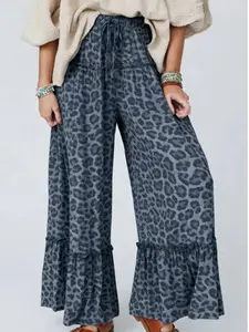 Women's Leopard Print Drawstring Palazzo Pants, Casual Bohemian High Waist Long Pants, Loose Fit Wide Leg Trousers, Ruffle, All Seasons