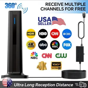 Smart TV antenna compatible with 4K HDTV input—easy to install, requires no internet connection, receives free local HD channels, includes a 16-foot coaxial cable, and is suitable for RVs and the latest smart TVs.