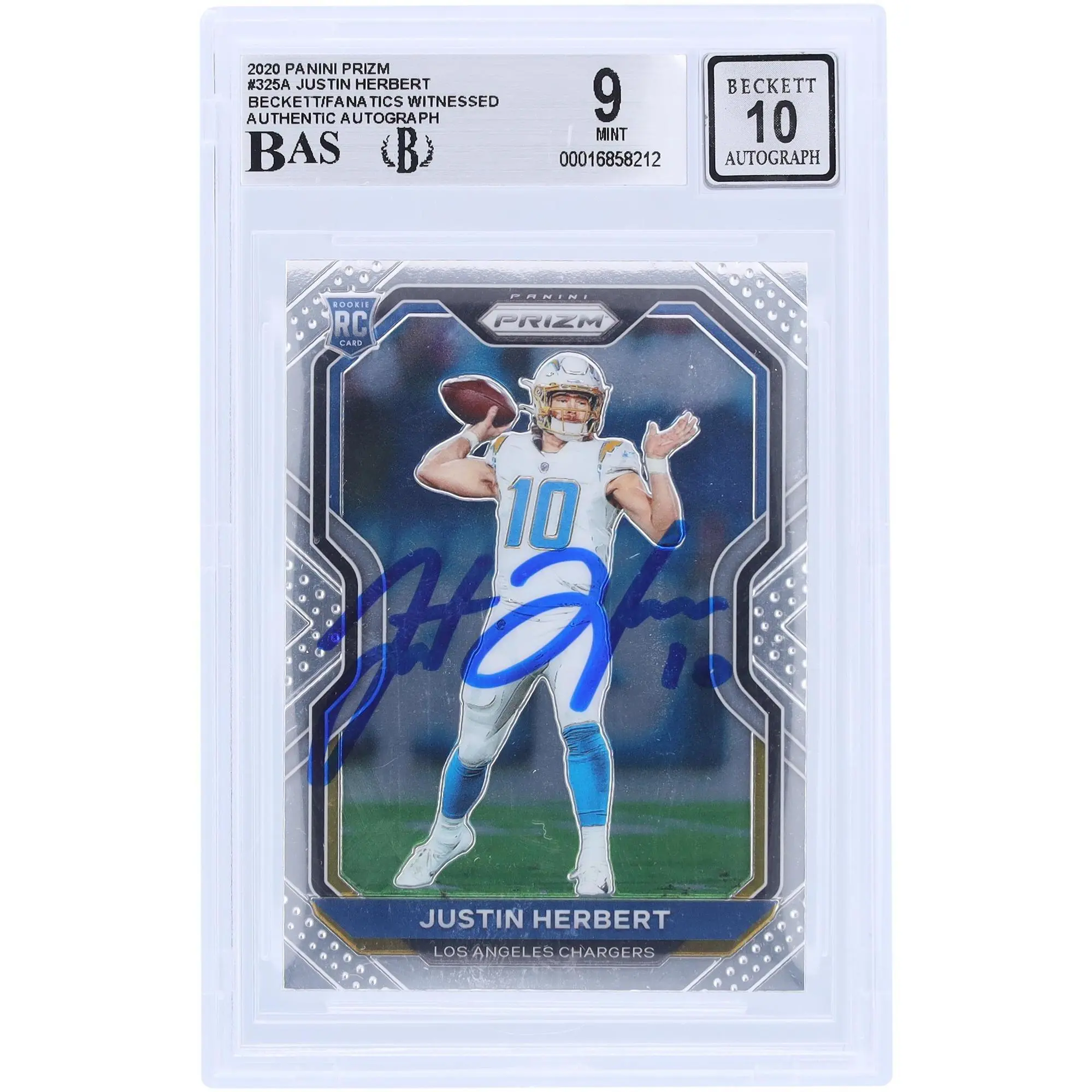 Justin Herbert Los Angeles Chargers Autographed 2020 Panini Prizm #325 Beckett Fanatics Witnessed Authenticated 9/10 Rookie Card - Fanatics Authentic Certified
