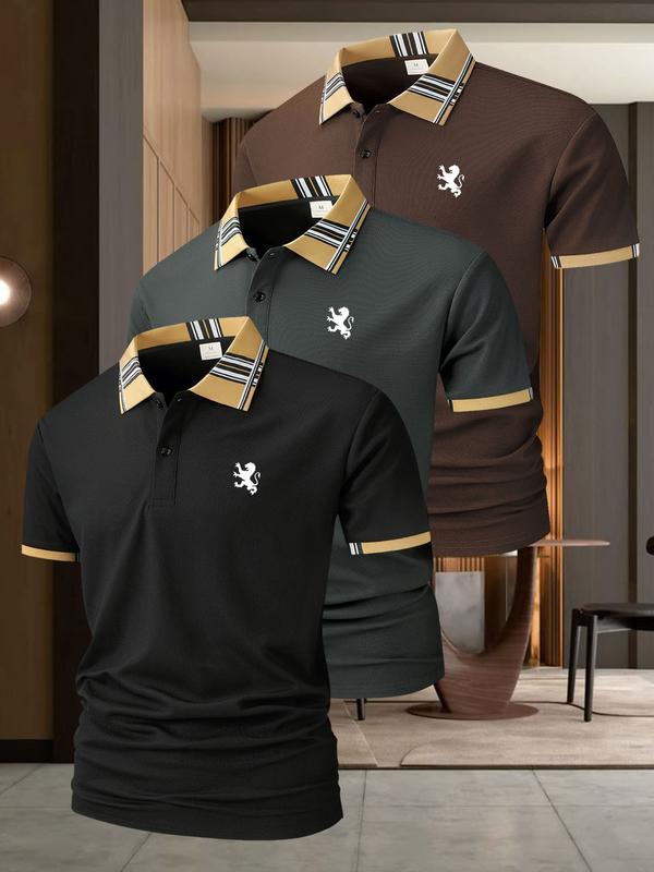 3pc A672 Lion Print British Style Men's Casual Short Sleeve Shirt, Golf Sports Polo Shirt, Golf Tournament Shirt, Summer Fitted Outdoor Wear