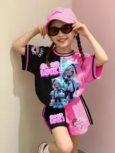 Girls Gamer Cat Lucky Cartoon Anime Print Casual Sports Style Suit, School Party Sportswear, Tween Digital Print T-Shirt 2 Piece Set