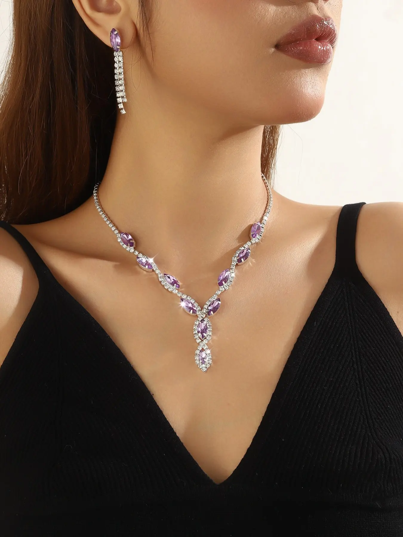 3-piece sparkling purple rhinestone earring necklace set, exquisite, elegant, versatile, fashionable full diamond tassel earrings necklace, suitable for women's parties, banquets, newlyweds to wear jewelry set Bridal jewelry set for wedding