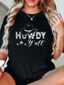 Howdy Y'all Funny Southern T-Shirt women's graphic tees fall shirts Casual All-Season Sportswear,Round Neck, Short Sleeve, Machine Washable