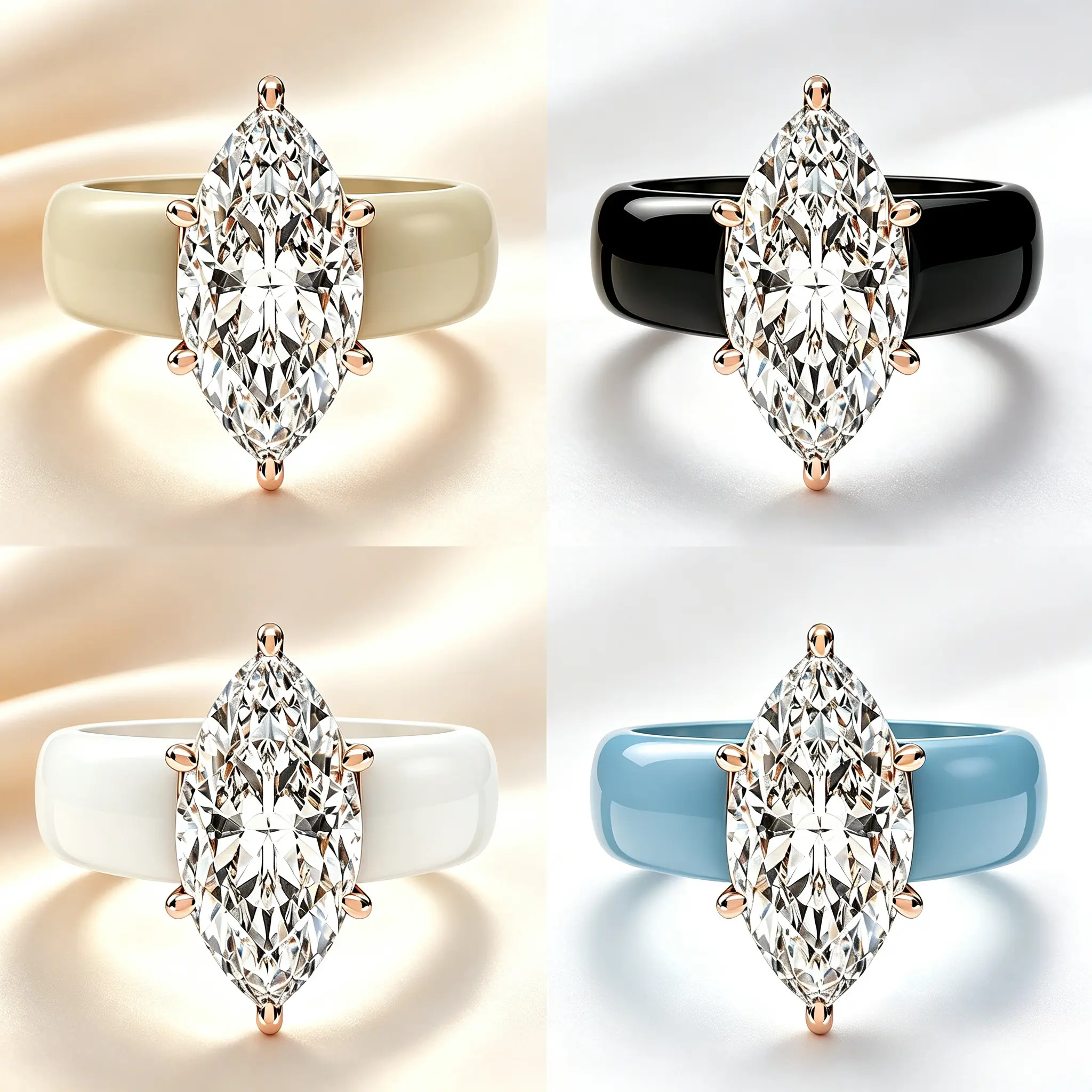 Timeless marquise cut diamond paired with a bold smooth enamel band and delicate rose gold prongs