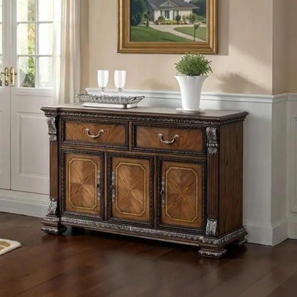 FM31002DB-SV Promenade Dark Brown Finish Wood Carved Accents Server Sideboard Buffet Cabinet with Double Pedestal Design and Intricate Carved Accents