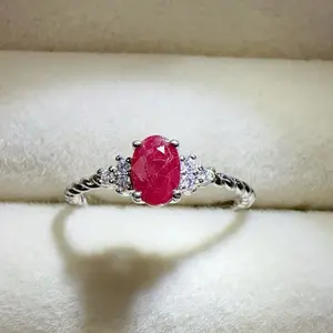 <PingEast jewelry > Ruby ring407----925 sterling silver ring with double-layer 18K rose gold plating, set with a 4*6mm natural Burmese pigeon blood ruby, accented with Moissanite stones. Adjustable band, comes with a certificate