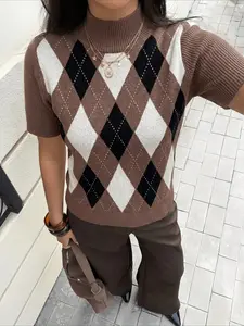 New Elegant Short Sleeve Knit Top, Y2K High Neck Colorblock Pattern, Fitted Outdoor Women's Clothing, All Seasons Casual Wear