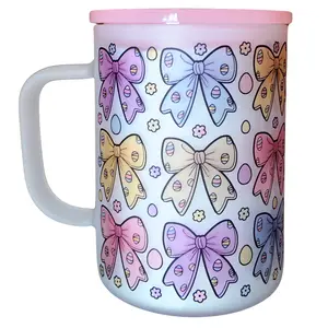 Easter Bows 17oz Frosted Glass Mug With Pink Lid and Reusable Straw