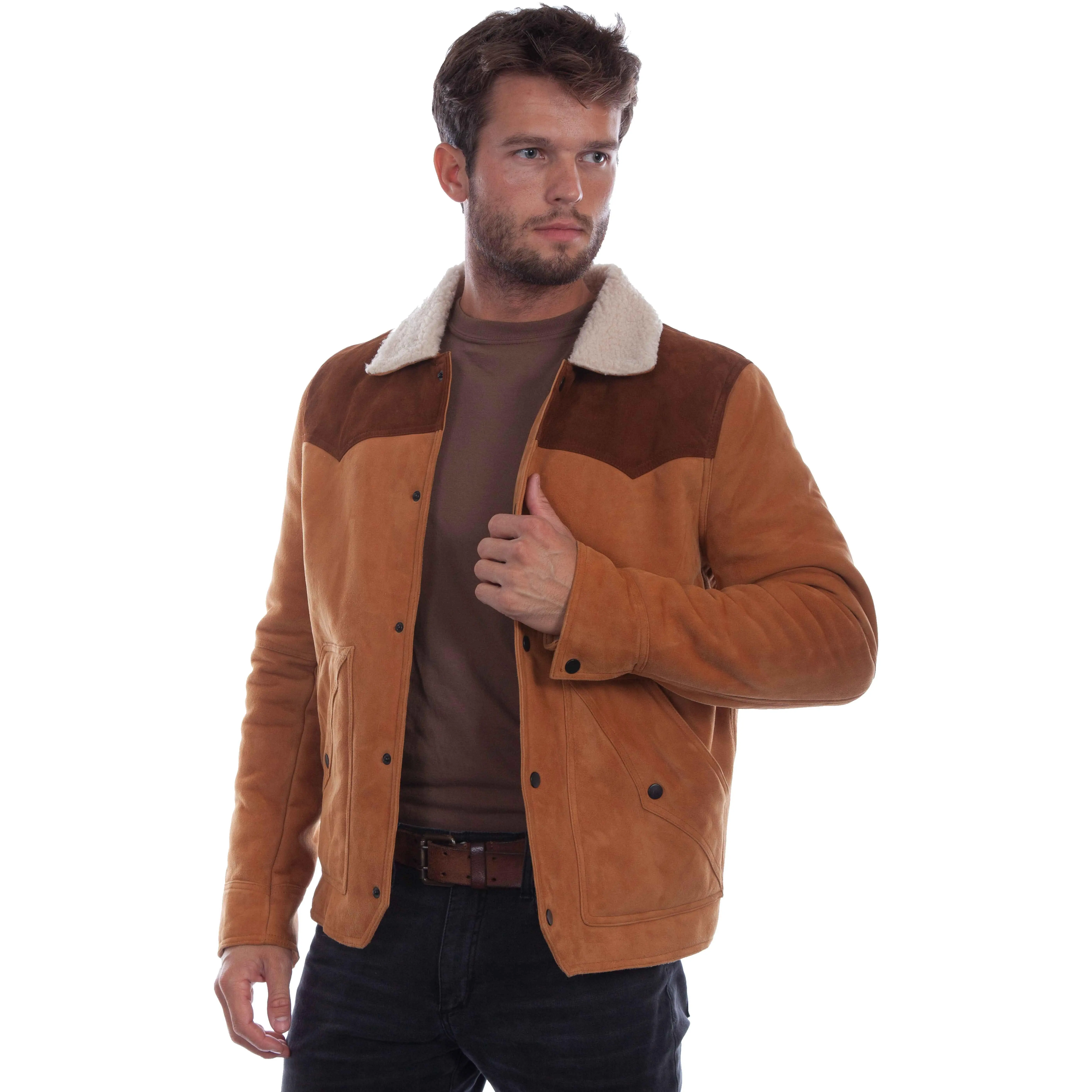 Men's Suede Western Coats with Soft Faux Shearling Lining, Snap Front, Pockets and Contrasting Single-Point Yokes