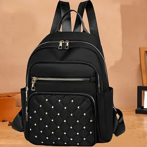 Backpack Purse for Women - Stylish Black Nylon Daypack Backpack with Golden-Tone Hardware & Studded Front Pocket, Adjustable Straps, Soft Shell - Casual Daypack for Travel & School