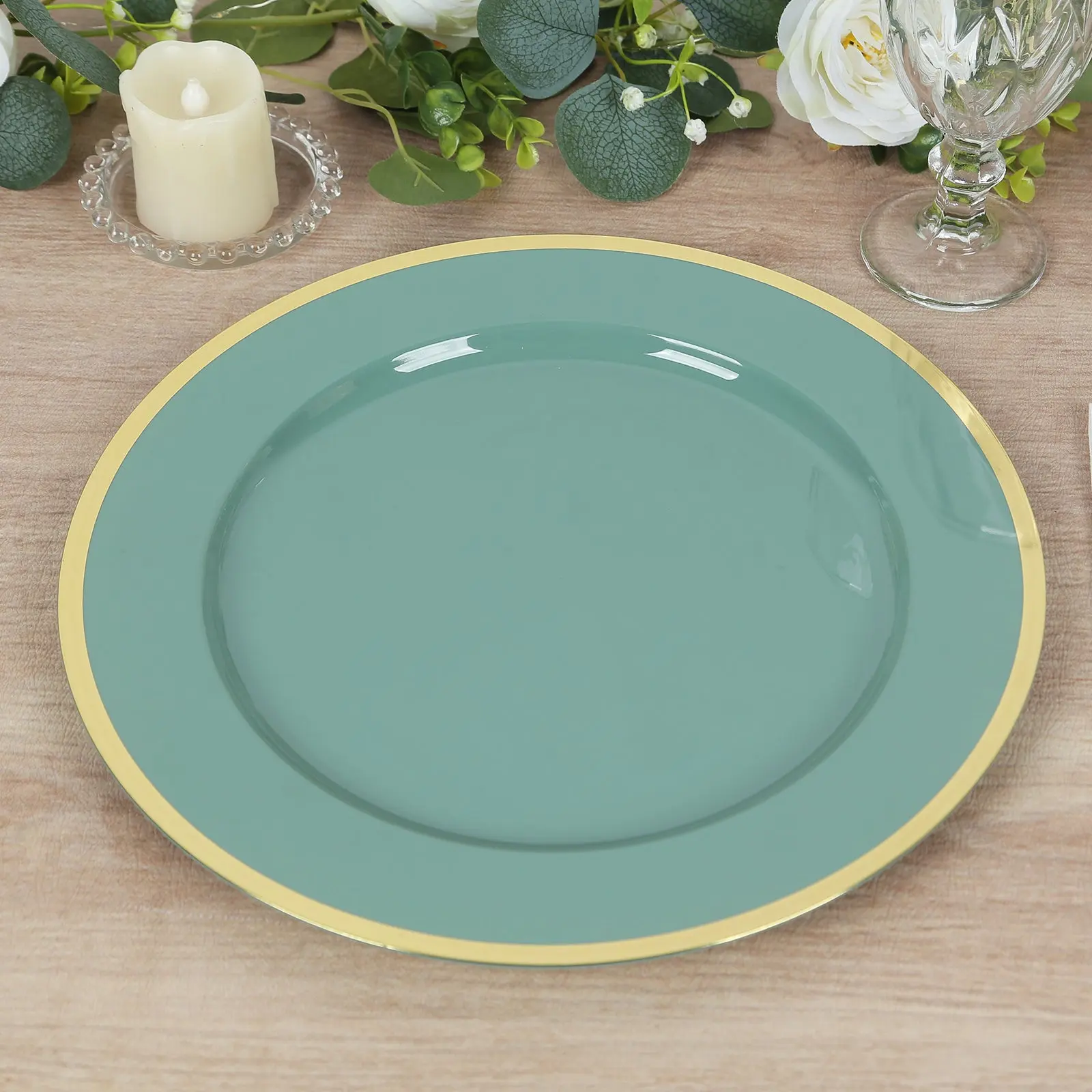 10-Pack Economy Plastic Charger Plates 12" Round Dusty Sage Green with Wide Gold Rim - Dinner Party Serving Plates